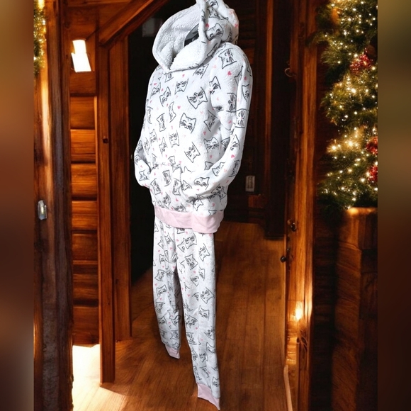 Pillow Talk Cat 2-Piece Cozy Fleece Pajama Set Hooded Top & Bottoms Ladies Sz M - Picture 3 of 12